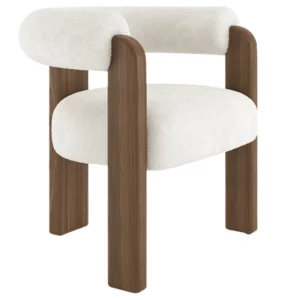 Auro Armchair featuring a white textured upholstered seat and curved backrest with a solid dark wood frame.