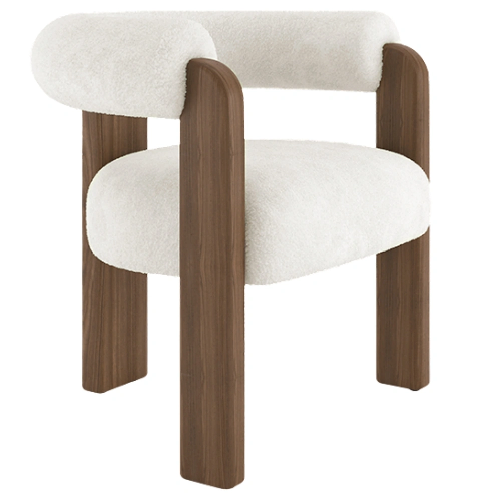 Auro Armchair featuring a white textured upholstered seat and curved backrest with a solid dark wood frame.
