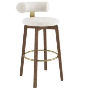 Auro Barstool featuring a white upholstered seat, curved backrest, wooden legs, and a gold circular footrest.