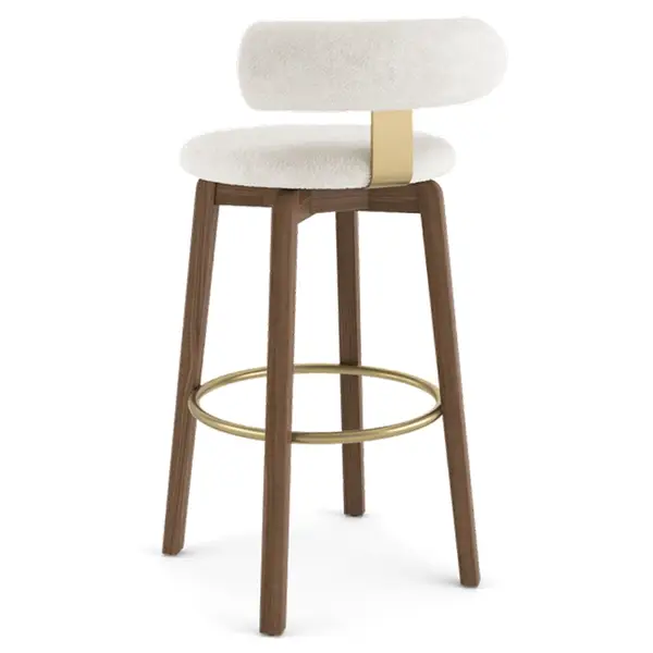 Rear three-quarter view of the Auro Barstool, highlighting its textured white upholstery, wooden frame, and gold accent.