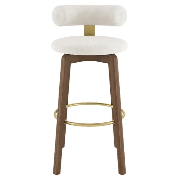 Front view of the Auro Barstool, showing textured white upholstery, dark walnut legs, and a bright gold ring footrest.