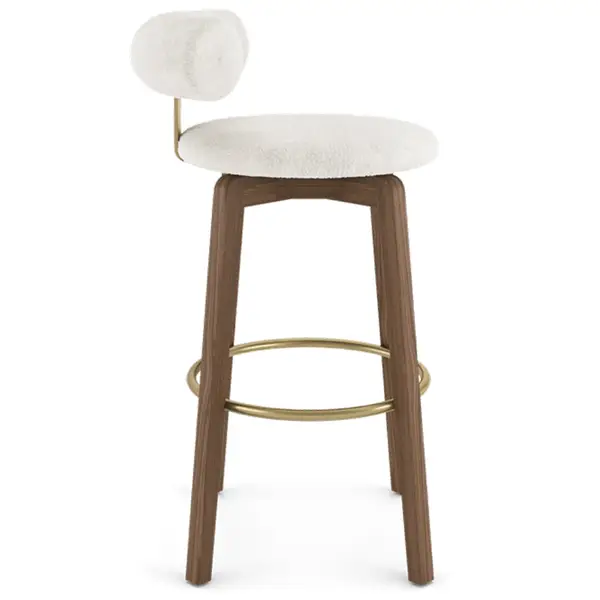 Profile angle of the Auro Barstool, showing the unique floating backrest, plush white seat, and brass footring detail.