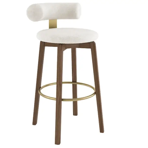 Auro Barstool featuring a white upholstered seat, curved backrest, wooden legs, and a gold circular footrest.
