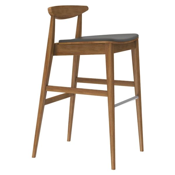 Profile view of the Belmonte barstool, highlighting the smooth timber frame, curved backrest, and grey seat cushion.