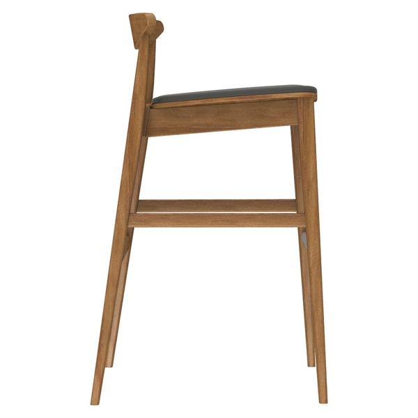 Direct side view of the Belmonte barstool, capturing the architectural timber frame and sleek dark seat padding.