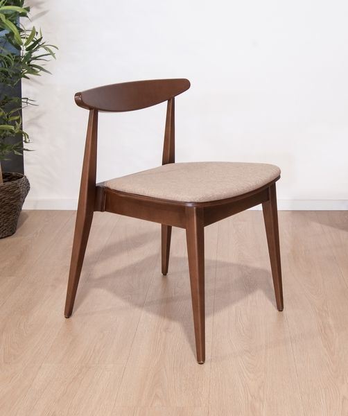 Belmonte side chair in dark stained wood with a neutral beige upholstered seat, shown from a side profile view.