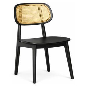 Bunny W Cane side chair with black wooden frame, natural woven cane backrest, and smooth timber seat on white background.