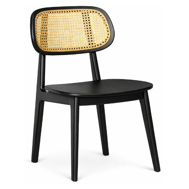 Bunny W Cane side chair with black wooden frame, natural woven cane backrest, and smooth timber seat on white background.