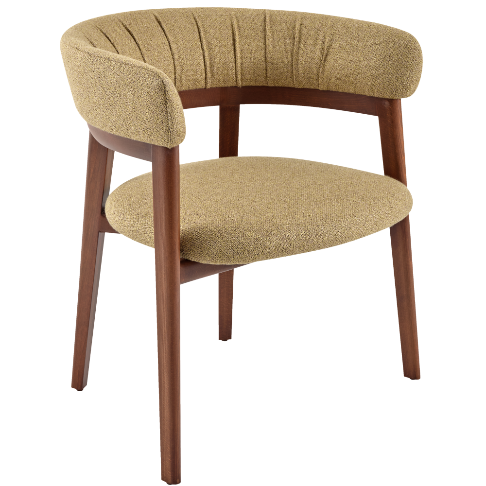 Cora Armchair featuring a curved, pleated beige upholstered seat and backrest on a solid dark wood frame.