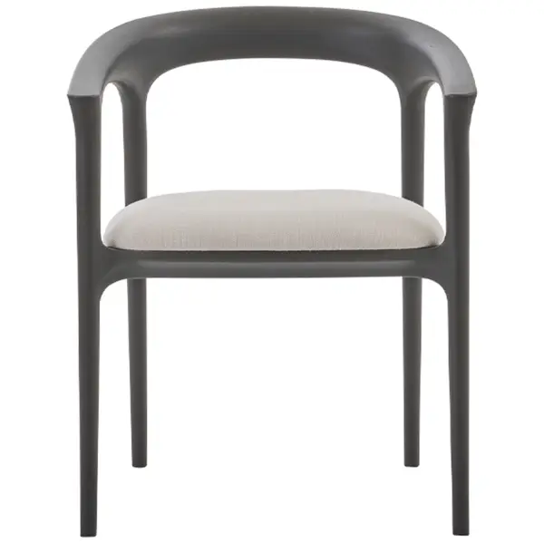 Direct frontal view of the Fau Armchair, featuring a symmetrical dark timber frame and a clean, light-toned seat cushion.