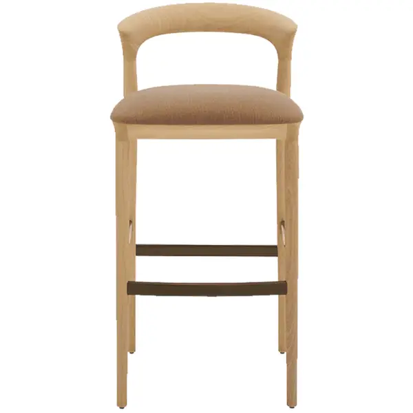 Direct front view of the Fau Barstool showing a light timber frame, curved backrest, and soft neutral upholstered seat.