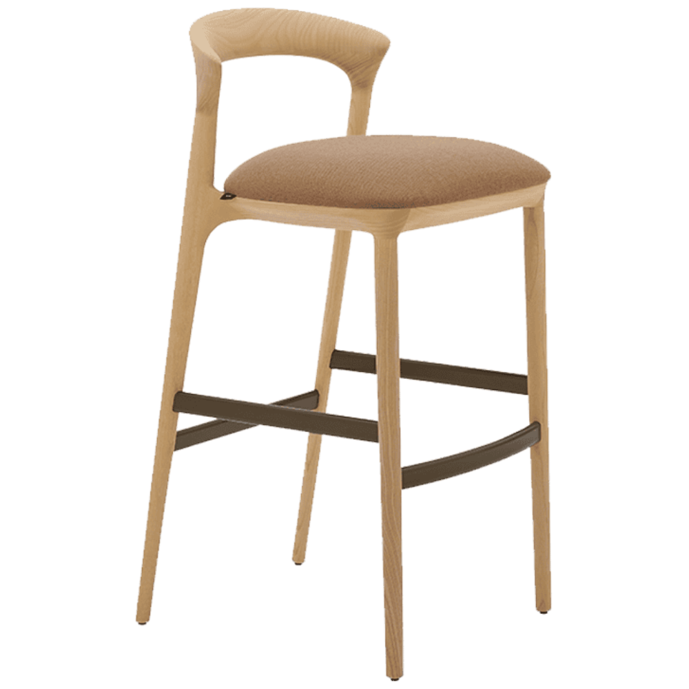 Fau Barstool with light wood frame, curved backrest, and brown upholstered seat, shown from a three-quarter angle.