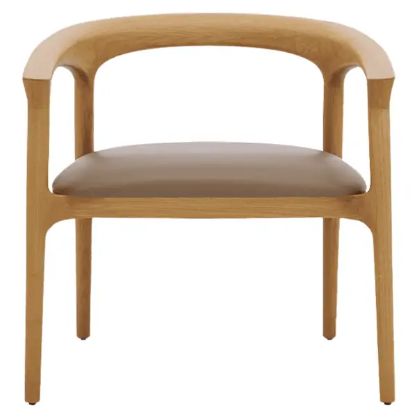 Front view of the Fau barstool, highlighting the symmetrical oak frame and ergonomic curved backrest over a padded seat.