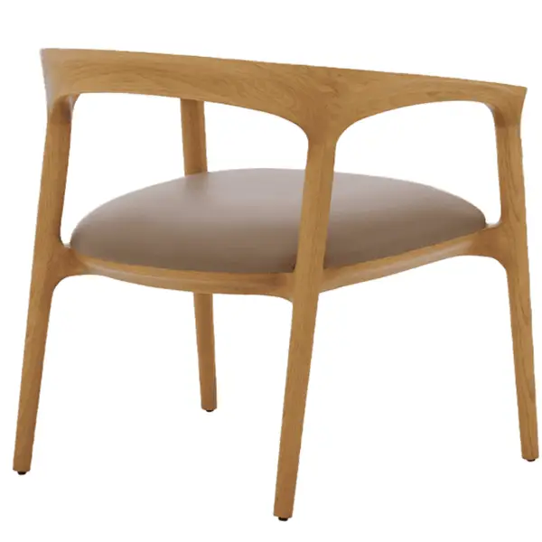Rear view of the Fau barstool featuring a solid oak frame, rounded timber backrest, and beige upholstered seat cushion.