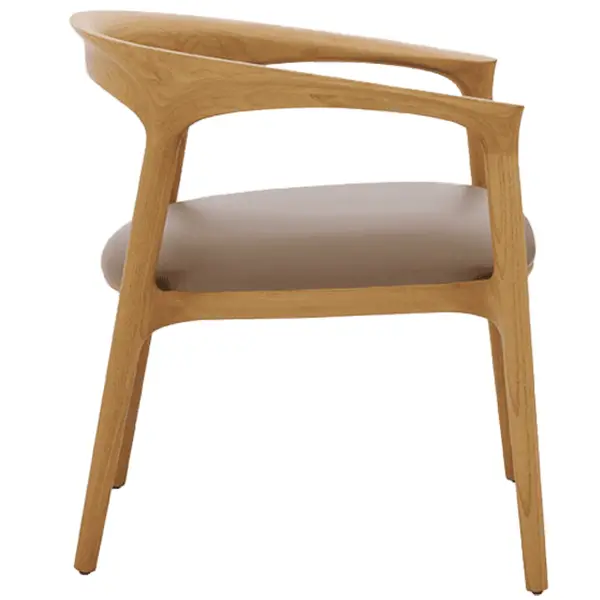 Side profile of the Fau barstool, showcasing its sleek wooden frame, integrated armrests, and padded grey seat.