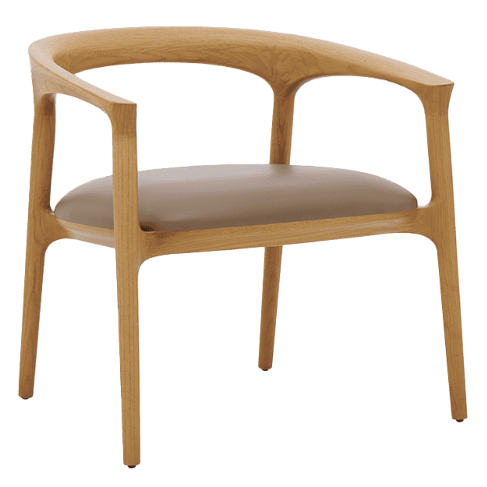 Fau barstool with a light wood frame, curved timber backrest, and a smooth taupe upholstered seat, studio view.
