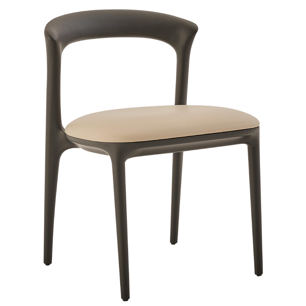 Fau Side Chair with a dark wood frame, curved backrest, and beige upholstered seat, viewed from a front-side angle.