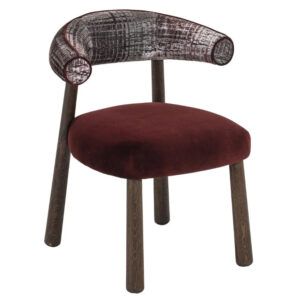 Flow Side Chair with dark wood legs, burgundy velvet seat, and a patterned, rounded upholstered backrest.