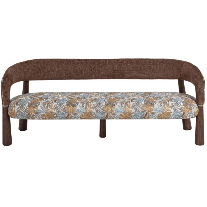 Straight-on profile of the Flow Sofa, featuring a solid wooden frame with brown fabric back and leaf-print seat cushion.