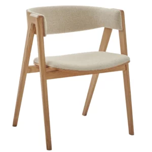 Profile view of the Gala W Armchair, highlighting its structural wooden frame and textured beige upholstered seating.