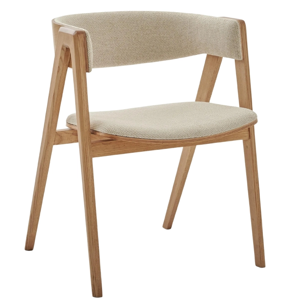 Profile view of the Gala W Armchair, highlighting its structural wooden frame and textured beige upholstered seating.