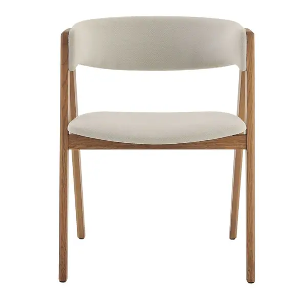 Front view of the Gala Armchair showing a balanced, symmetrical wooden frame with neutral upholstered seating.