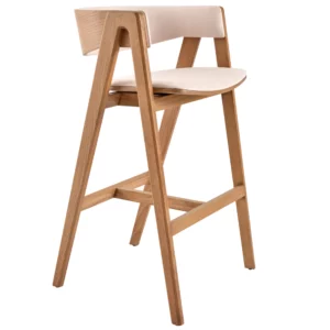 Gala Barstool with a light oak wooden frame and cream upholstered seat and backrest, shown from a side angle.