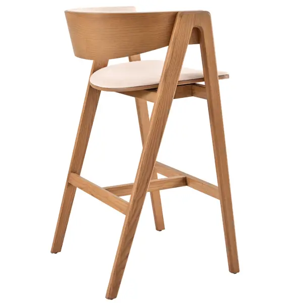 Rear-facing perspective of the Gala Barstool, highlighting its wooden frame structure and cream upholstered seat.
