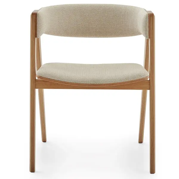 Direct frontal view of the Gala W Armchair, presenting its symmetrical wooden frame and comfortable textured upholstery.