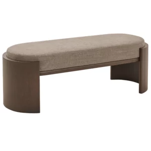 Hug Bench with a curved dark wood base and a comfortable, upholstered light brown fabric seat in a studio setting.