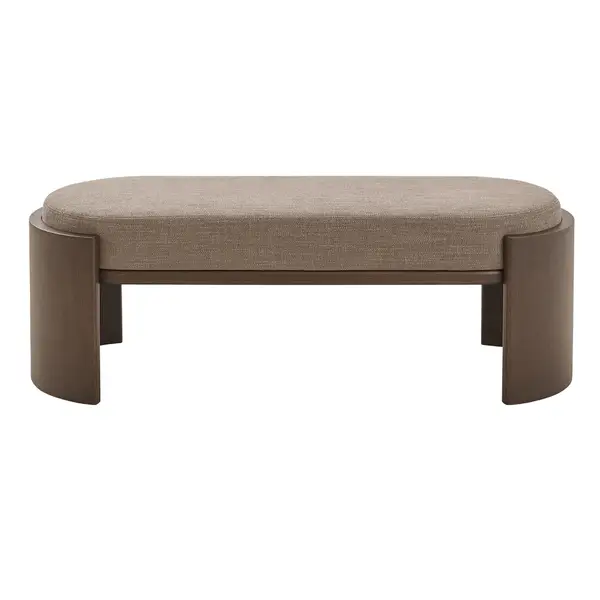 Front view of the Hug Bench featuring a textured grey seat cushion atop a rounded, solid wood frame.