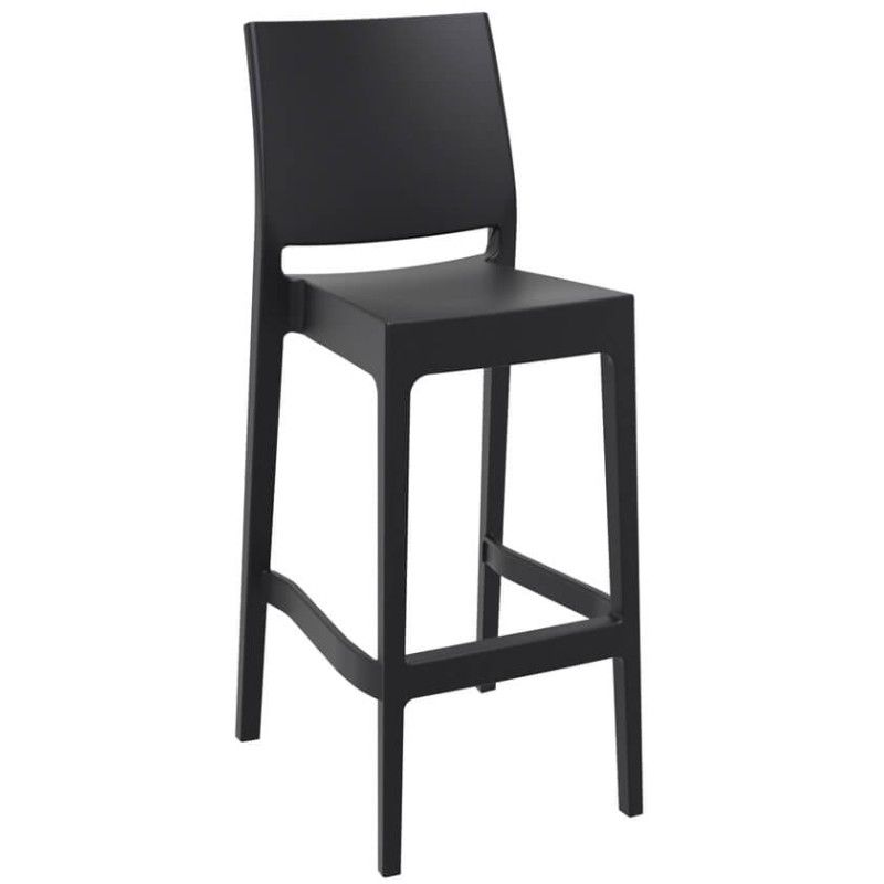 Matte black Maya barstool shown in a high-angle view, highlighting the ergonomic polypropylene seat and sturdy base.