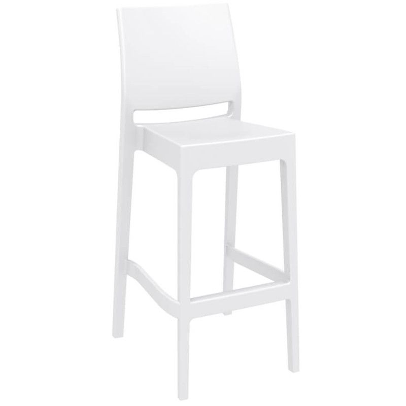 Three-quarter side view of a crisp white Maya barstool, featuring a sleek, durable four-legged polypropylene frame.