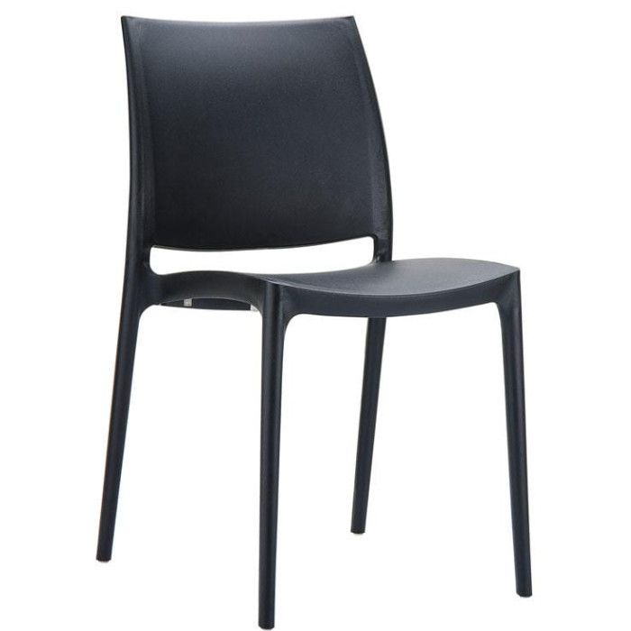 Black Maya Side Chair in profile, showcasing the rugged polypropylene construction and ergonomic stackable design.