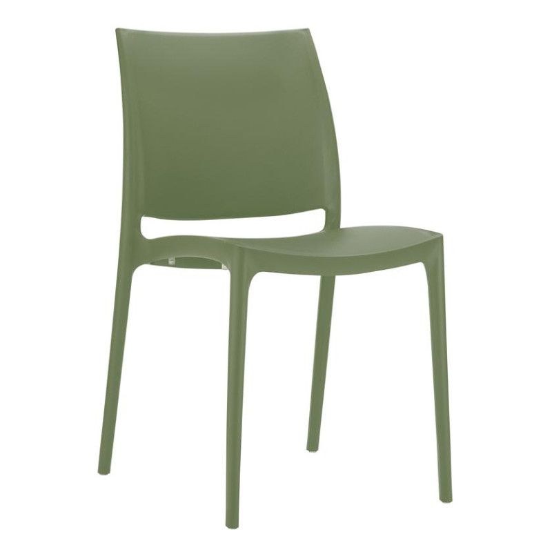 Studio shot of a sage green Maya Side Chair, showing its clean, minimalist form and four-legged polypropylene base.