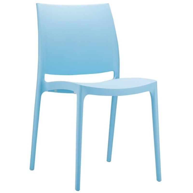 Light blue Maya Side Chair, featuring a durable, stackable polypropylene frame in a three-quarter view.