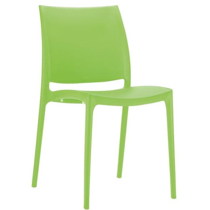 Vibrant green Maya Side Chair shown at a three-quarter angle, highlighting its smooth, stackable polypropylene design.