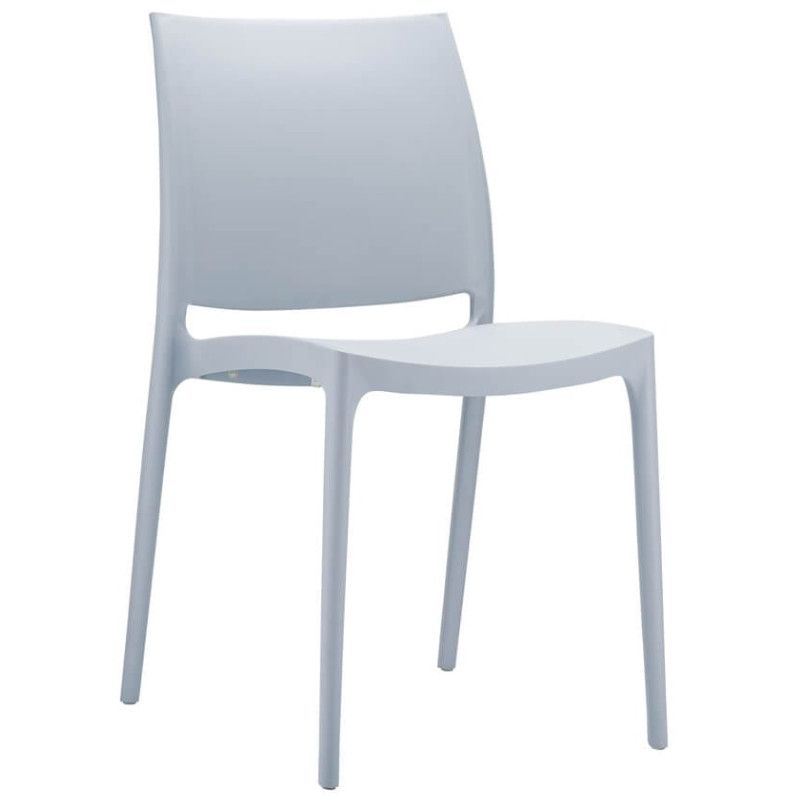Close-up perspective of a soft grey Maya Side Chair, highlighting its seamless, stackable polypropylene seat design.