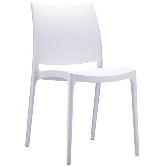 Front view of a crisp white Maya Side Chair, showing its sleek, stackable polypropylene frame and contemporary silhouette.