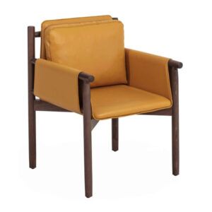 Merinal armchair with a dark wood frame and mustard yellow upholstered seat and back in a contemporary 4-leg design.