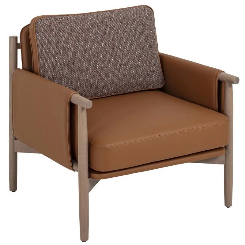 Merinal lounge chair featuring a tan leather seat, textured brown back cushion, and a light wood frame in a 3/4 view.