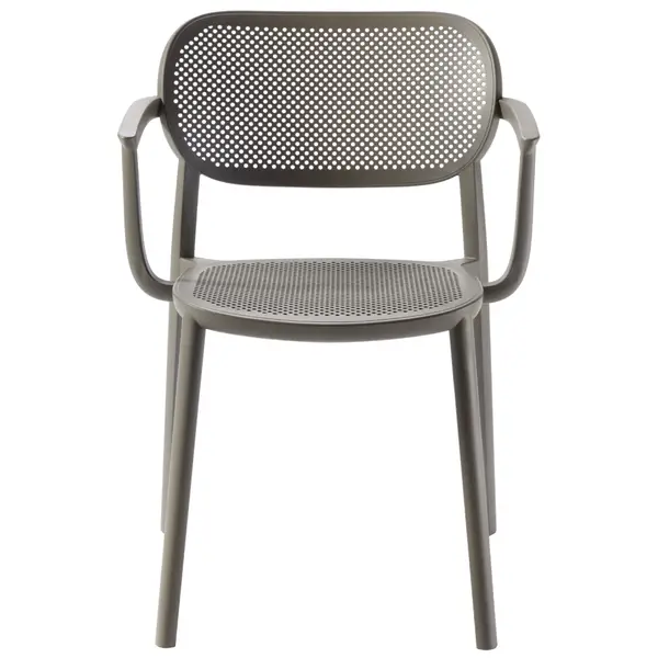 Direct frontal view of the Nuta armchair, featuring a grey technopolymer frame with a distinct dotted mesh design.