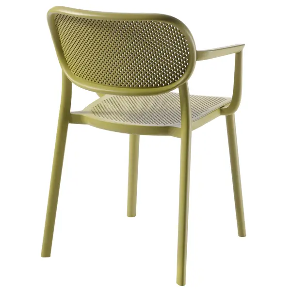 Rear view of an olive green Nuta armchair featuring a grid-patterned technopolymer shell and durable 4-legged base.