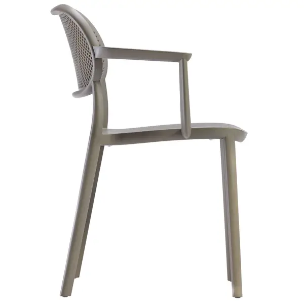 Side profile of the Nuta armchair, showing its sleek armrests and ventilated technopolymer construction.