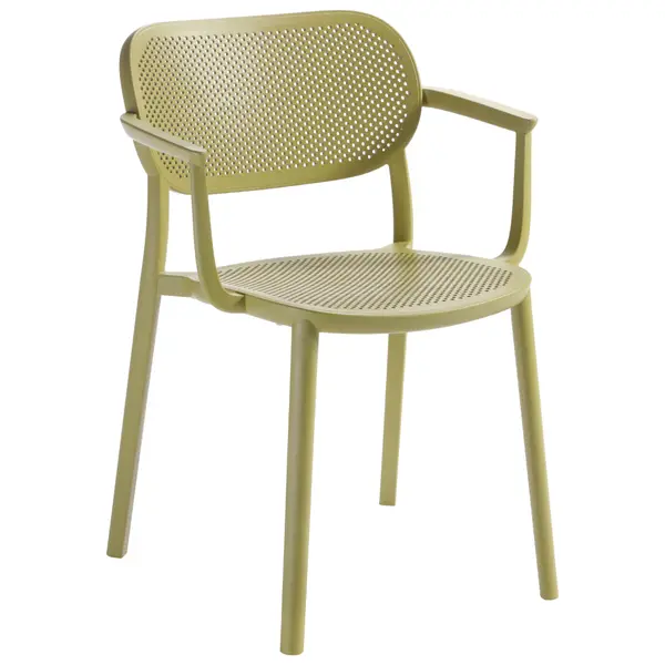 Olive green Nuta armchair with perforated technopolymer seat and back, shown from a front three-quarter angle.