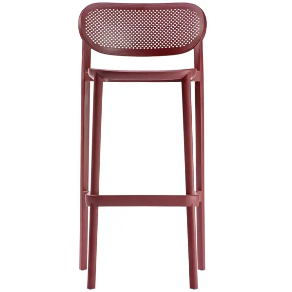 Front-facing view of a burgundy Nuta barstool with a distinct dot-patterned backrest and sturdy four-legged structure.