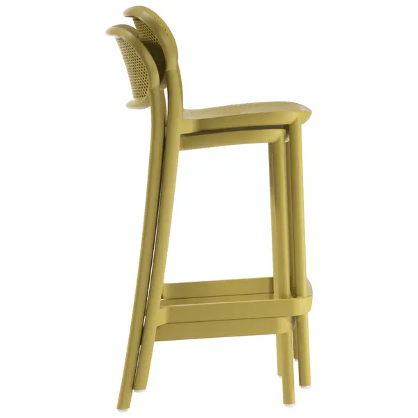 Side view of two stackable olive green Nuta barstools made of lightweight, perforated technopolymer.