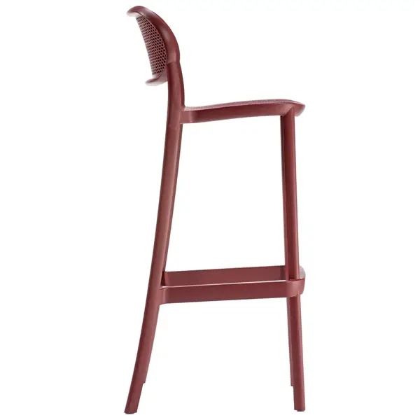 Profile view of a dark red Nuta barstool featuring a sleek, perforated technopolymer frame on a white background.