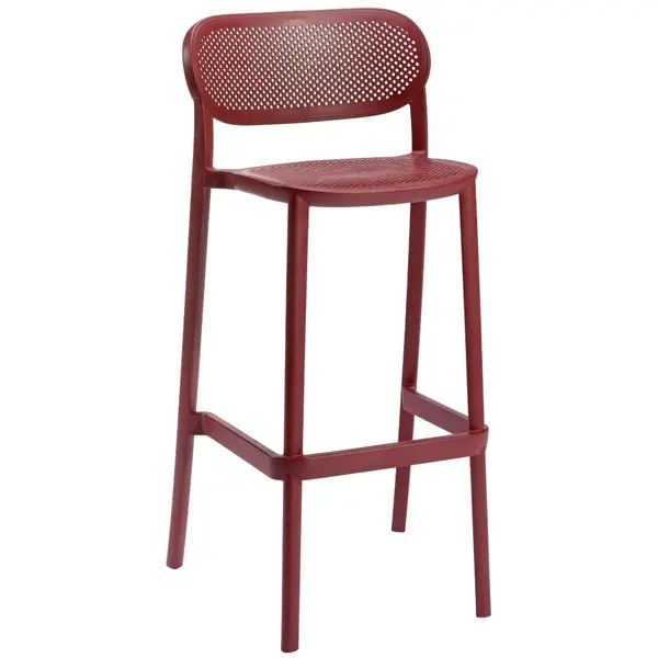 Red Nuta barstool with a perforated technopolymer seat, backrest, and four-legged base in a studio shot.