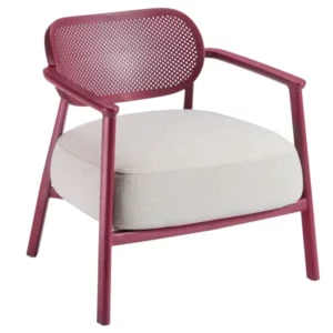 Nuta Lounge Chair in maroon with a perforated backrest and a thick, light-colored upholstered seat on a four-leg base.